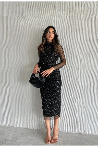 Women Black Turtleneck Silver Polka Dot Detail Transparent - WOOLNCLYDE