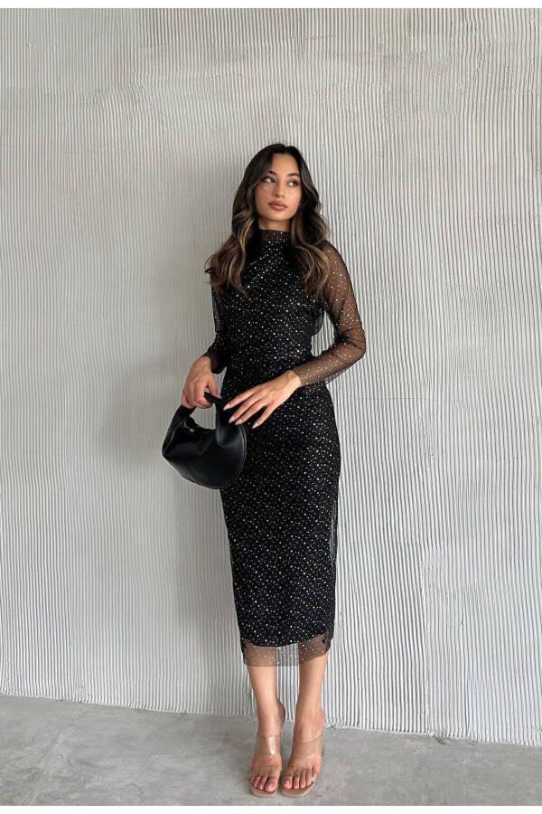 Women Black Turtleneck Silver Polka Dot Detail Transparent - 1