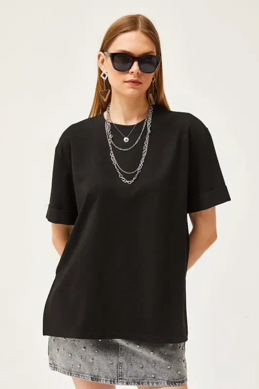 Women Black Turtleneck Slit Side Double Sleeve - 2