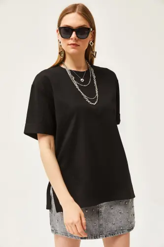 Women Black Turtleneck Slit Side Double Sleeve - 3