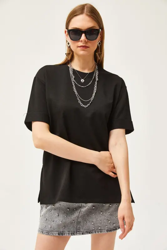 Women Black Turtleneck Slit Side Double Sleeve - 4