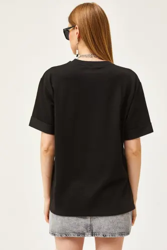 Women Black Turtleneck Slit Side Double Sleeve - 5