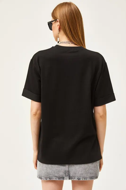 Women Black Turtleneck Slit Side Double Sleeve - 5