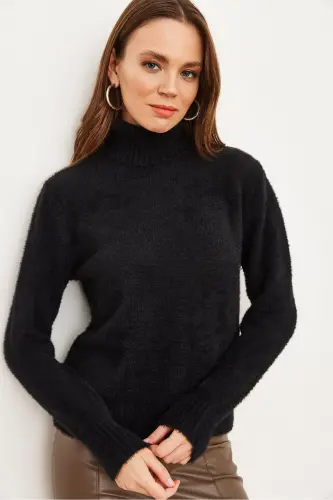 Women Black Turtleneck Soft Touch Bearded Tricot Sweater KZK-19000861-Black - 2