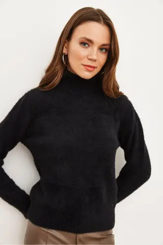 Women Black Turtleneck Soft Touch Bearded Tricot Sweater KZK-19000861-Black - 3