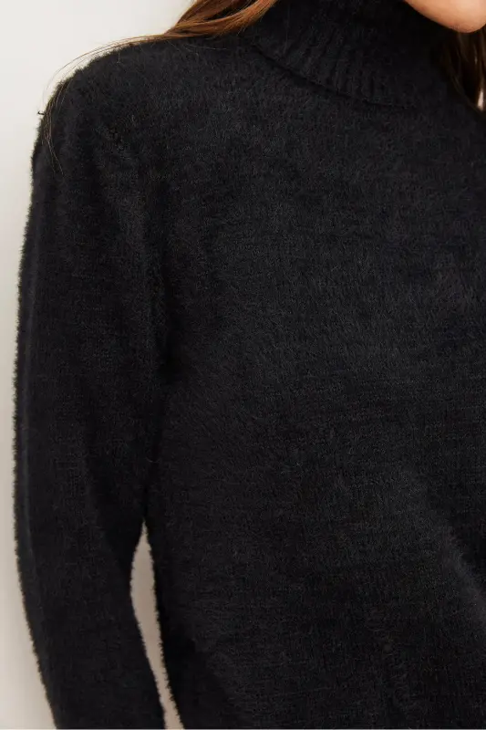 Women Black Turtleneck Soft Touch Bearded Tricot Sweater KZK-19000861-Black - 6