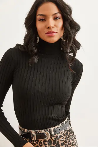 Women Black Turtleneck Thick Ribbed Knitwear Sweater KZK-19000872-Black - 1