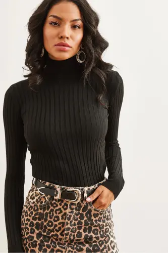 Women Black Turtleneck Thick Ribbed Knitwear Sweater KZK-19000872-Black - 3