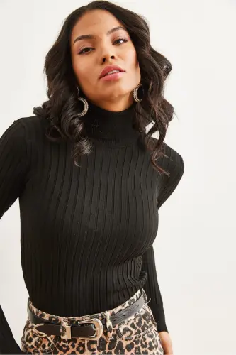 Women Black Turtleneck Thick Ribbed Knitwear Sweater KZK-19000872-Black - 6