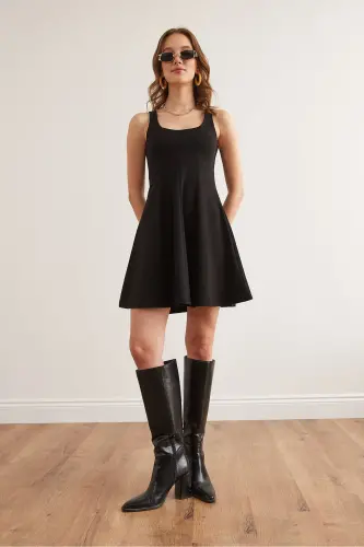 Women Black U Neck Patchwork Trendy Mini Flared Dress - 2