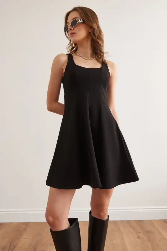 Women Black U Neck Patchwork Trendy Mini Flared Dress - 4
