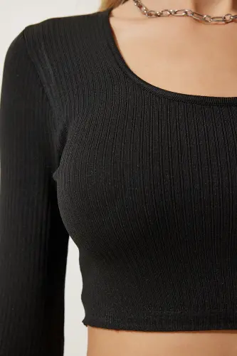 Women Black U Neck Ribbed Crop Knitwear Blouse PF00068-Black - 5