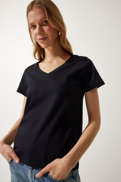 Women Black V-Neck Basic Knit T-Shirt UB00261 - 2