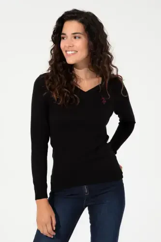 Women Black V Neck Basic Sweater 50251903-VR046-142329 - 3