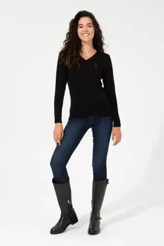 Women Black V Neck Basic Sweater 50251903-VR046-142329 - 4