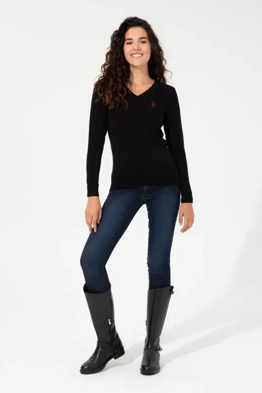 Women Black V Neck Basic Sweater 50251903-VR046-142329 - 4