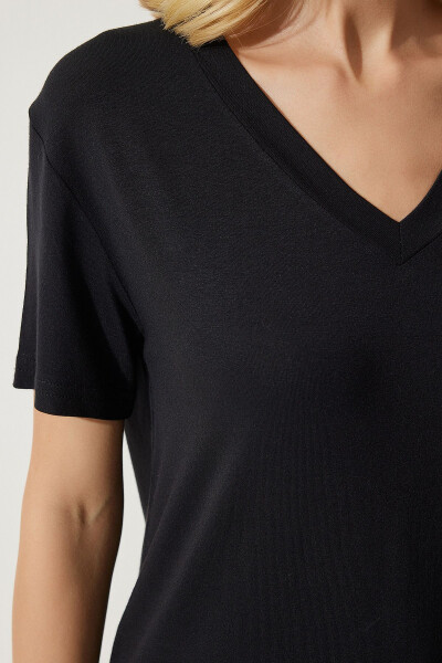 Women Black V Neck Basic Viscose Knitted T-Shirt EN006 - 3