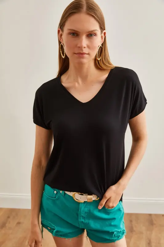 Women Black V Neck Batwing Knitted Viscose T-Shirt TSH-1 - 1