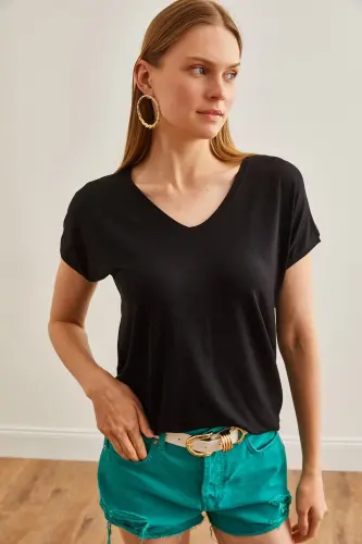 Women Black V Neck Batwing Knitted Viscose T-Shirt TSH-1 - 2