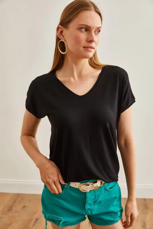 Women Black V Neck Batwing Knitted Viscose T-Shirt TSH-1 - 2