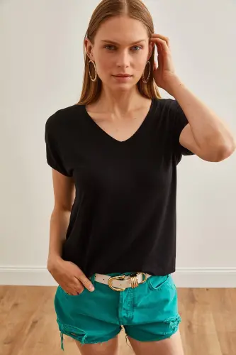 Women Black V Neck Batwing Knitted Viscose T-Shirt TSH-1 - 3