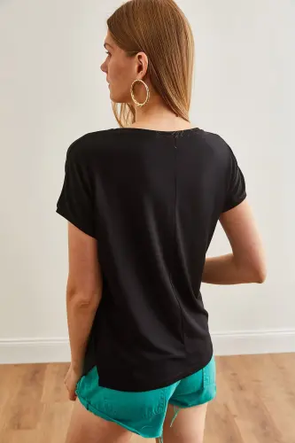 Women Black V Neck Batwing Knitted Viscose T-Shirt TSH-1 - 4