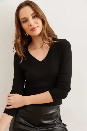 Women Black V Neck Draped Soft Touch Blouse BLZ-19002757-Black - 3