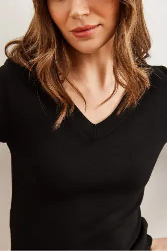 Women Black V Neck Draped Soft Touch Blouse BLZ-19002757-Black - 5