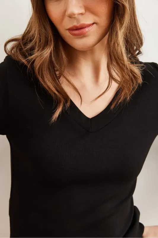 Women Black V Neck Draped Soft Touch Blouse BLZ-19002757-Black - 5