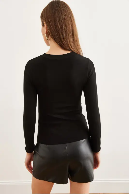 Women Black V Neck Draped Soft Touch Blouse BLZ-19002757-Black - 6