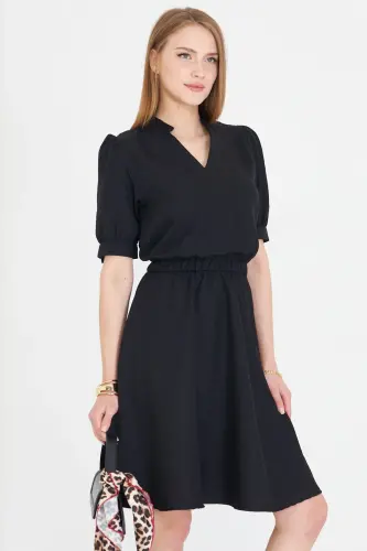Women Black V Neck Elastic Waist Short Sleeve Flared Dress ARM-25Y001001-Black - 1