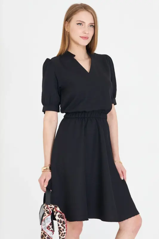 Women Black V Neck Elastic Waist Short Sleeve Flared Dress ARM-25Y001001-Black - 1