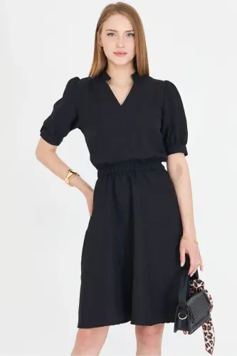 Women Black V Neck Elastic Waist Short Sleeve Flared Dress ARM-25Y001001-Black - 2