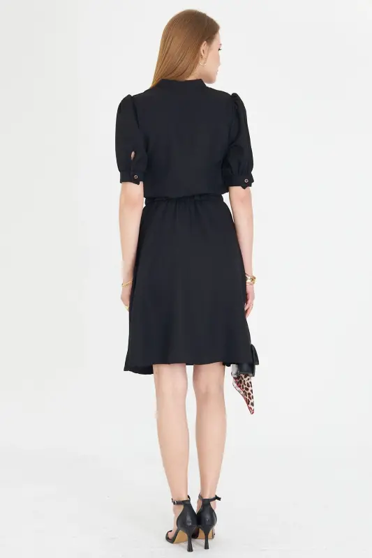 Women Black V Neck Elastic Waist Short Sleeve Flared Dress ARM-25Y001001-Black - 6