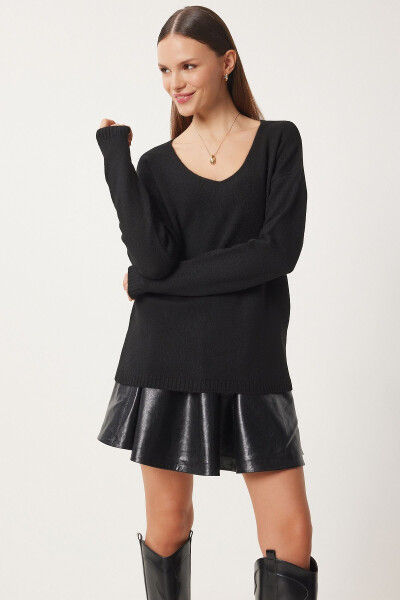 Women Black V Neck Knit Sweater ZA00063-Black - 2