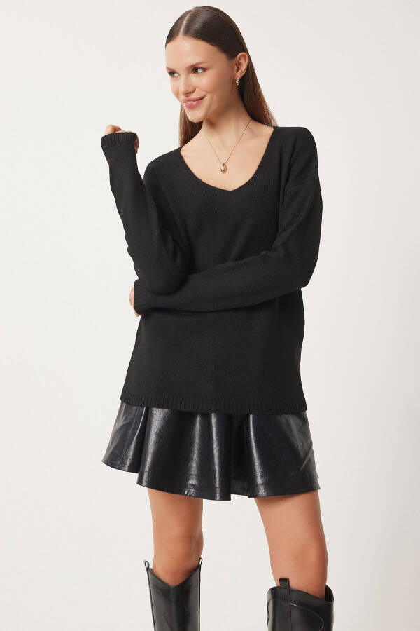 Women Black V Neck Knit Sweater ZA00063-Black - 2