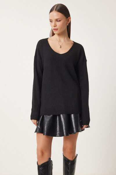 Women Black V Neck Knit Sweater ZA00063-Black 