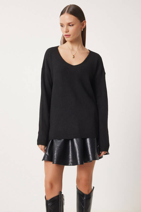 Women Black V Neck Knit Sweater ZA00063-Black - 1