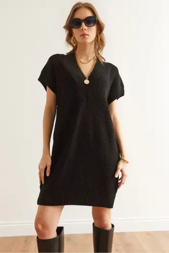 Women Black V Neck Knit Tunic Dress ELB-19002343 - 1