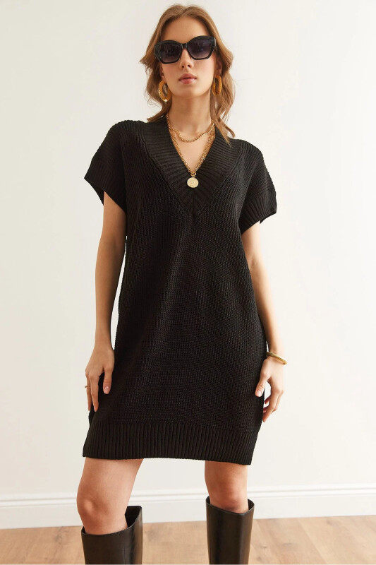 Women Black V Neck Knit Tunic Dress ELB-19002343 - OLALOOK