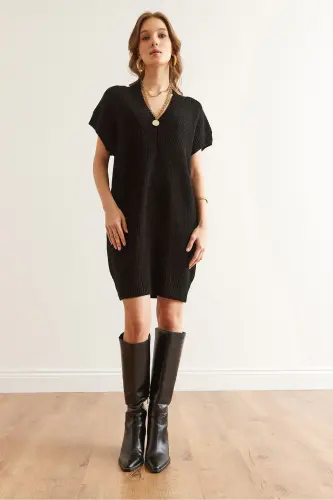 Women Black V Neck Knit Tunic Dress ELB-19002343 - OLALOOK (1)