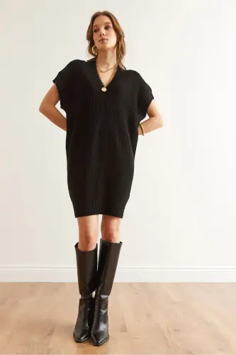 Women Black V Neck Knit Tunic Dress ELB-19002343 - 3