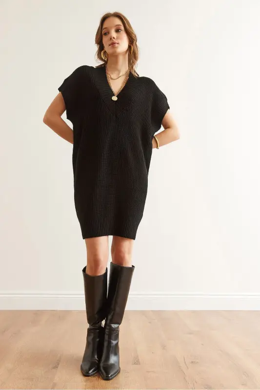 Women Black V Neck Knit Tunic Dress ELB-19002343 - 3