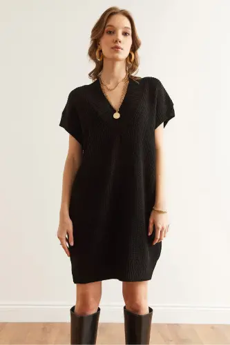 Women Black V Neck Knit Tunic Dress ELB-19002343 - 4