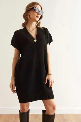 Women Black V Neck Knit Tunic Dress ELB-19002343 - 5