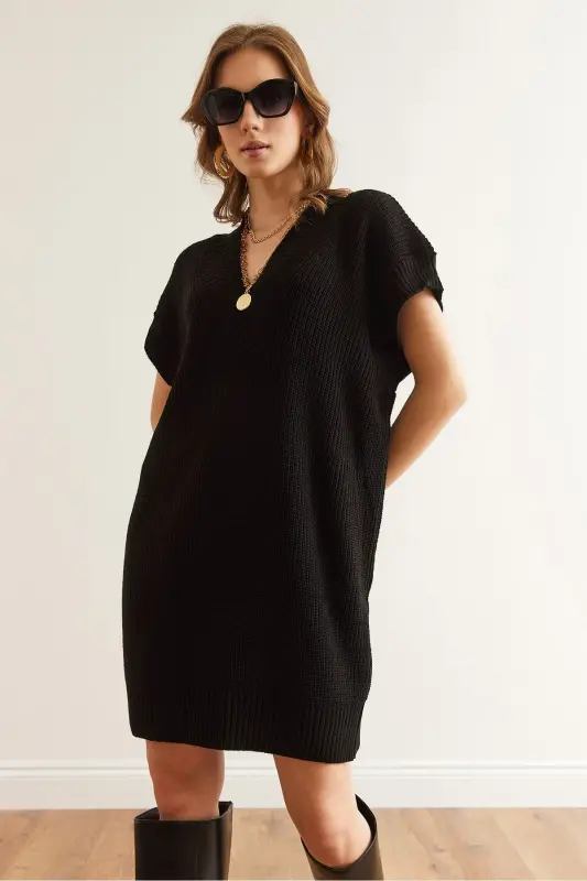 Women Black V Neck Knit Tunic Dress ELB-19002343 - 6