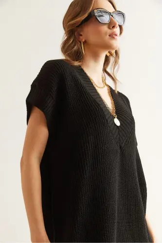 Women Black V Neck Knit Tunic Dress ELB-19002343 - 7