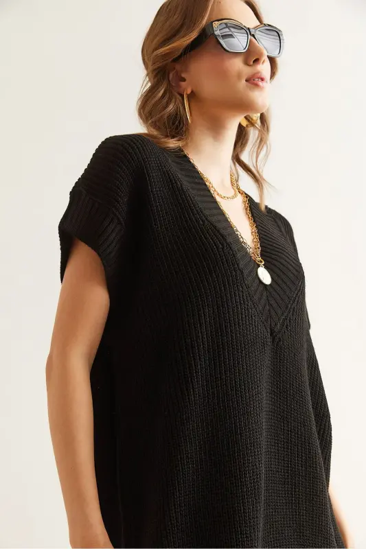Women Black V Neck Knit Tunic Dress ELB-19002343 - 7