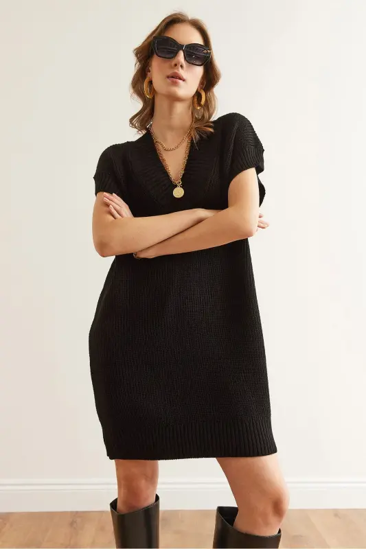 Women Black V Neck Knit Tunic Dress ELB-19002343 - 8