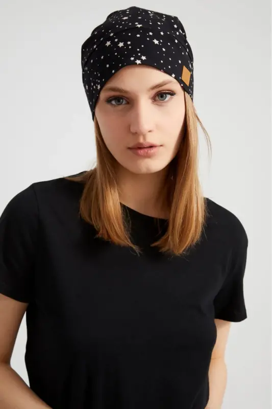 Women Black White Star Patterned Rope Detailed 4 Seasons Hat Beanie Buff Ultra Soft Natural Combed Cotton Fabric-Black - 4